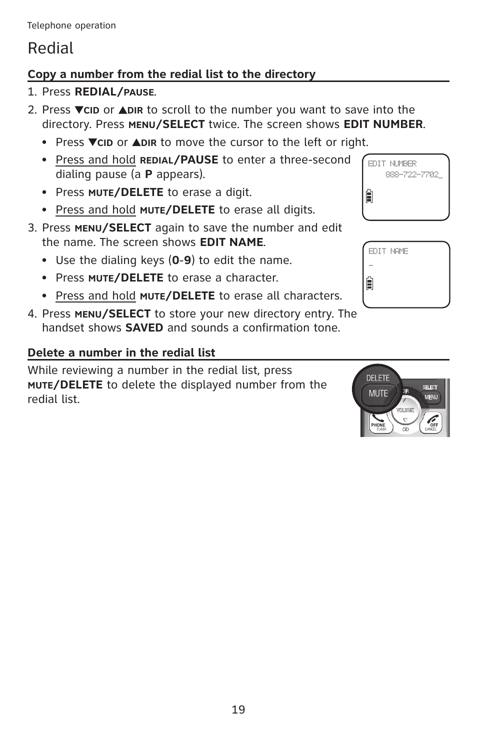 Delete a number in the redial list, Copy a number from the redial list to, The directory delete a number in the redial list | Redial | AT&T DECT 6.0 EL52201 User Manual | Page 24 / 83