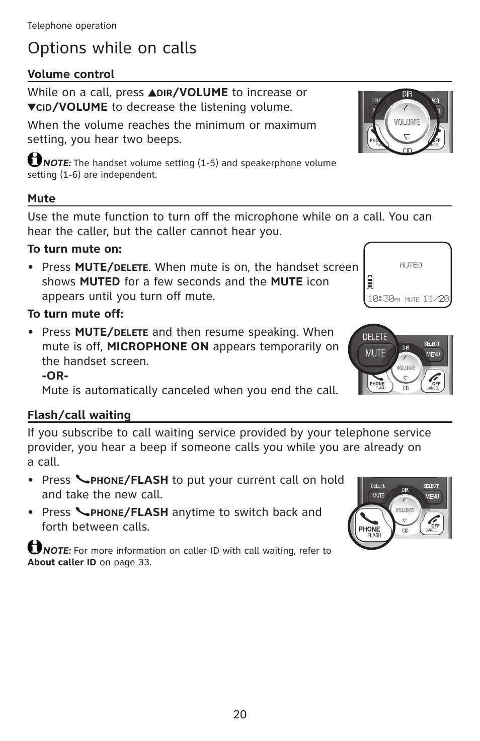 Options while on calls, Volume control, Mute | Flash/call waiting, Volume control mute flash/call waiting | AT&T DECT 6.0 EL52201 User Manual | Page 25 / 83
