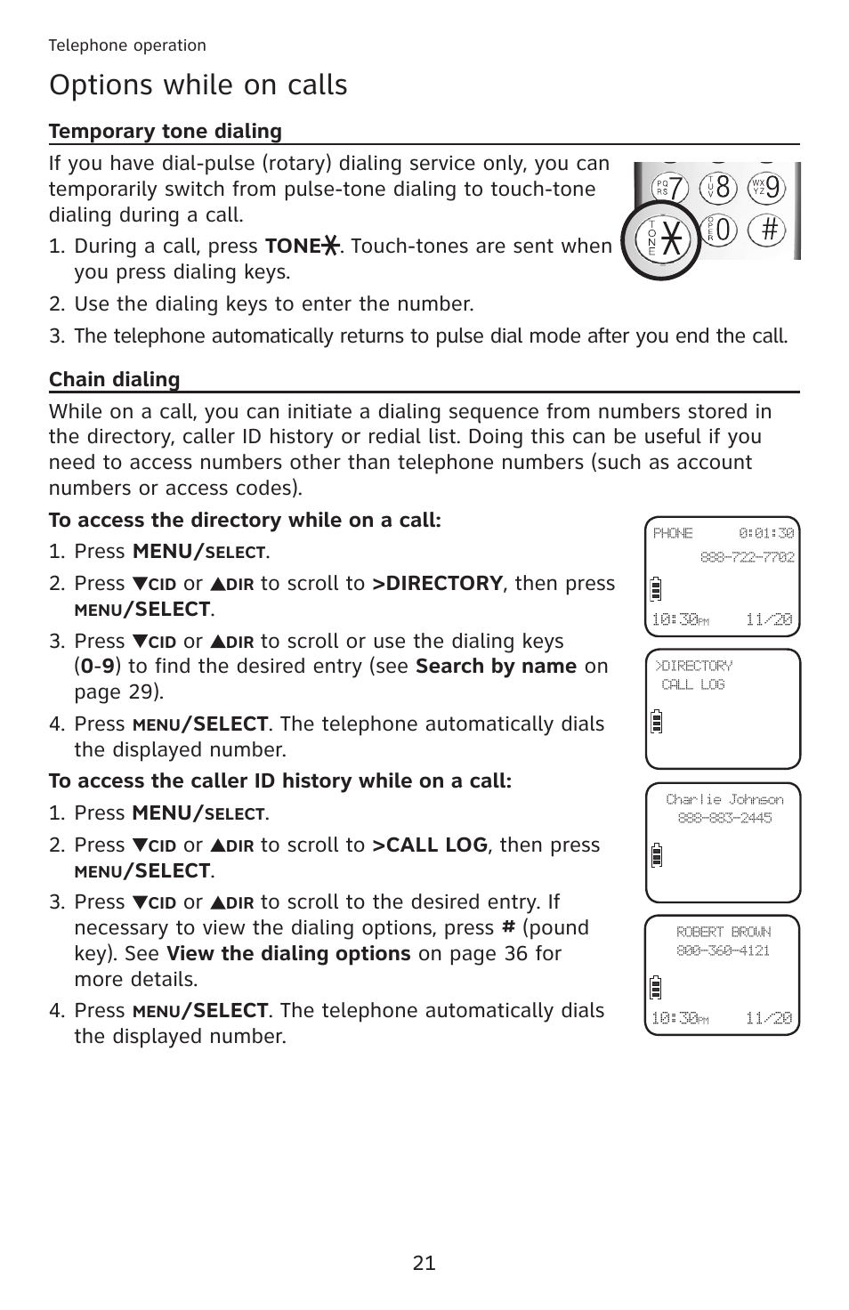 Temporary tone dialing, Chain dialing, Temporary tone dialing chain dialing | Options while on calls | AT&T DECT 6.0 EL52201 User Manual | Page 26 / 83