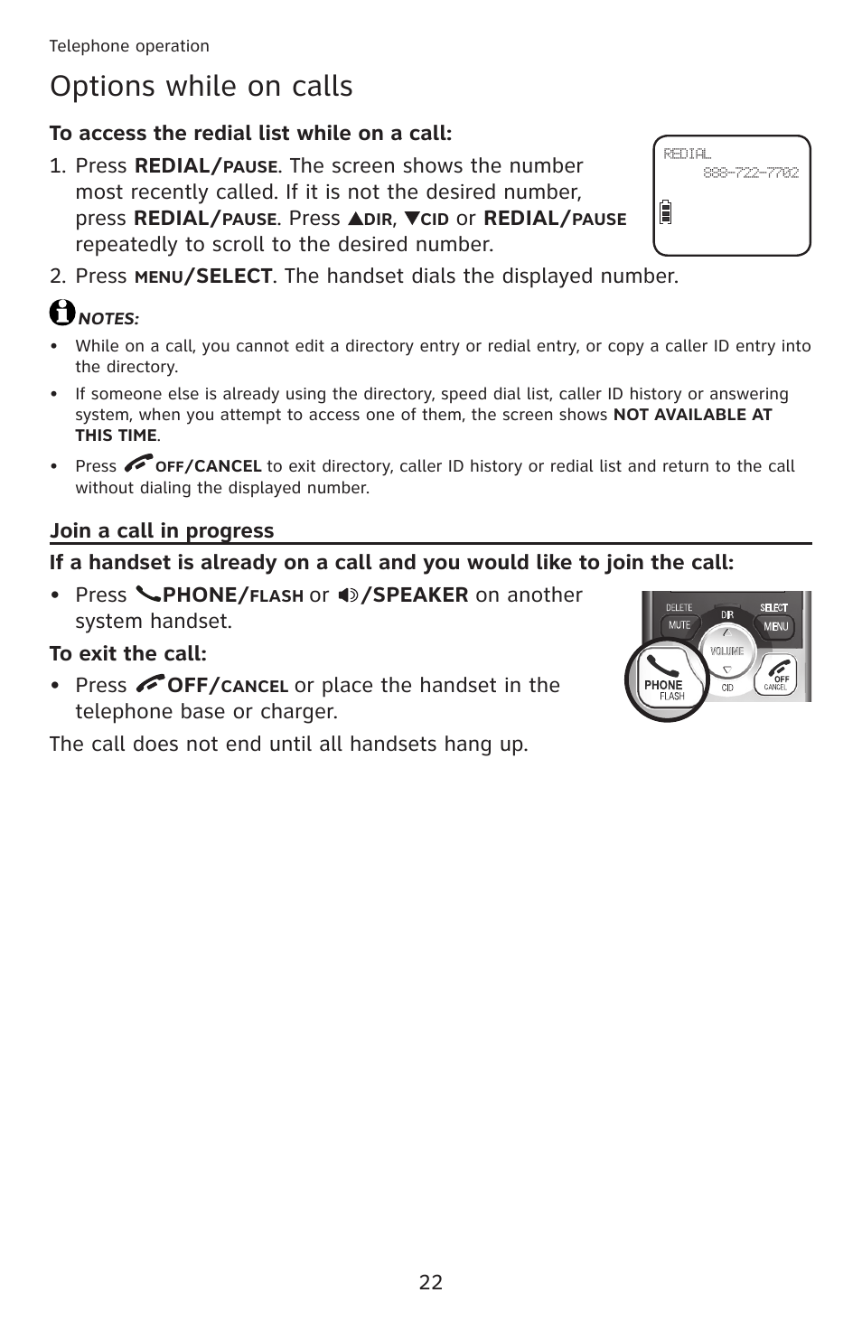 Join a call in progress, Options while on calls | AT&T DECT 6.0 EL52201 User Manual | Page 27 / 83