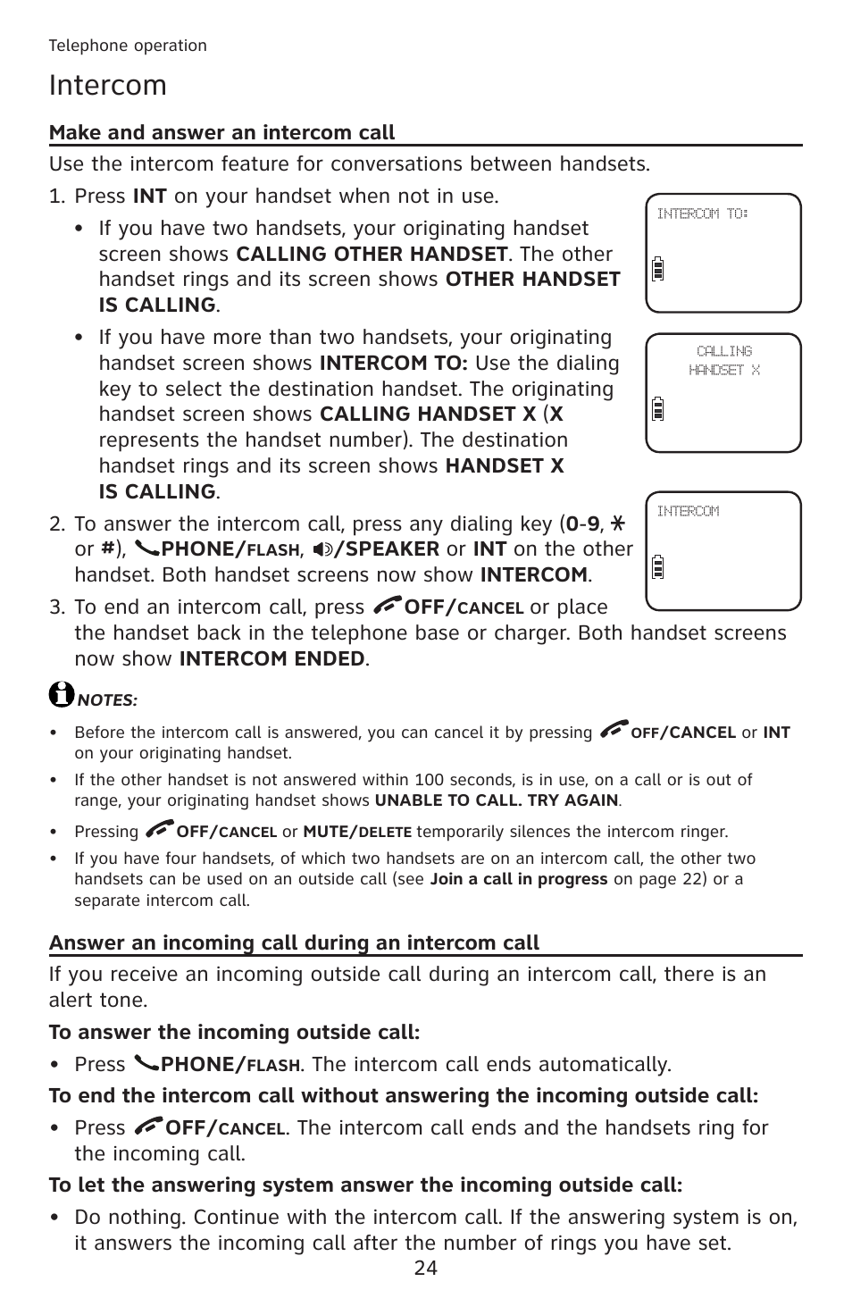 Intercom, Make and answer an intercom call, Answer an incoming call during an intercom call | AT&T DECT 6.0 EL52201 User Manual | Page 29 / 83