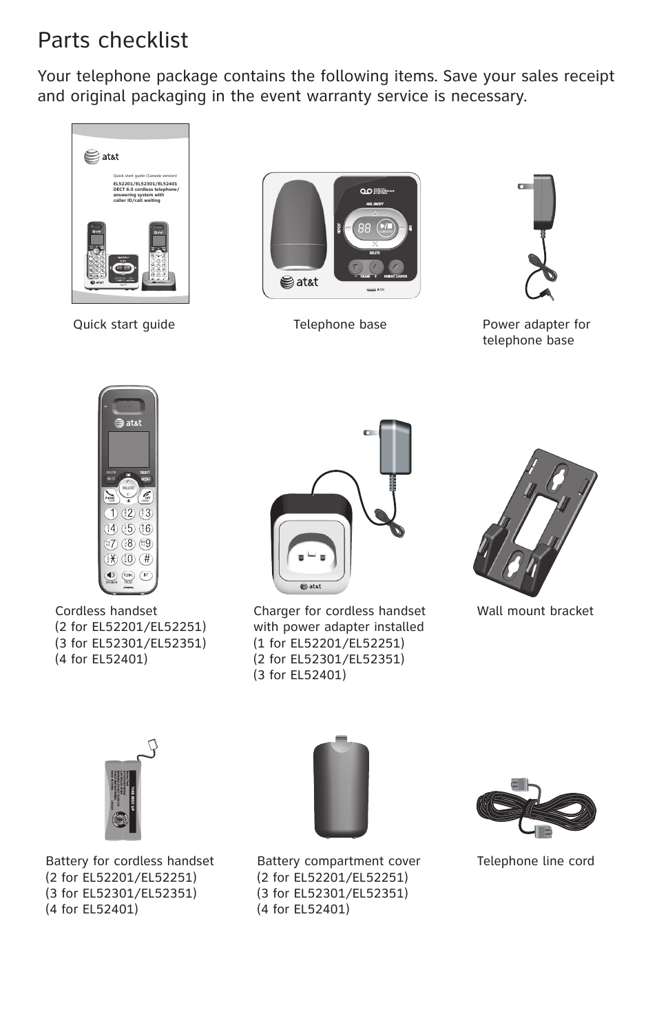 Parts checklist | AT&T DECT 6.0 EL52201 User Manual | Page 3 / 83
