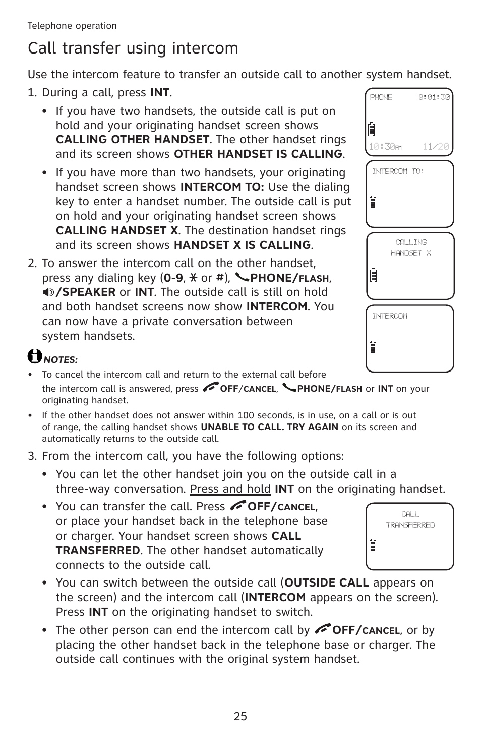 Call transfer using intercom | AT&T DECT 6.0 EL52201 User Manual | Page 30 / 83