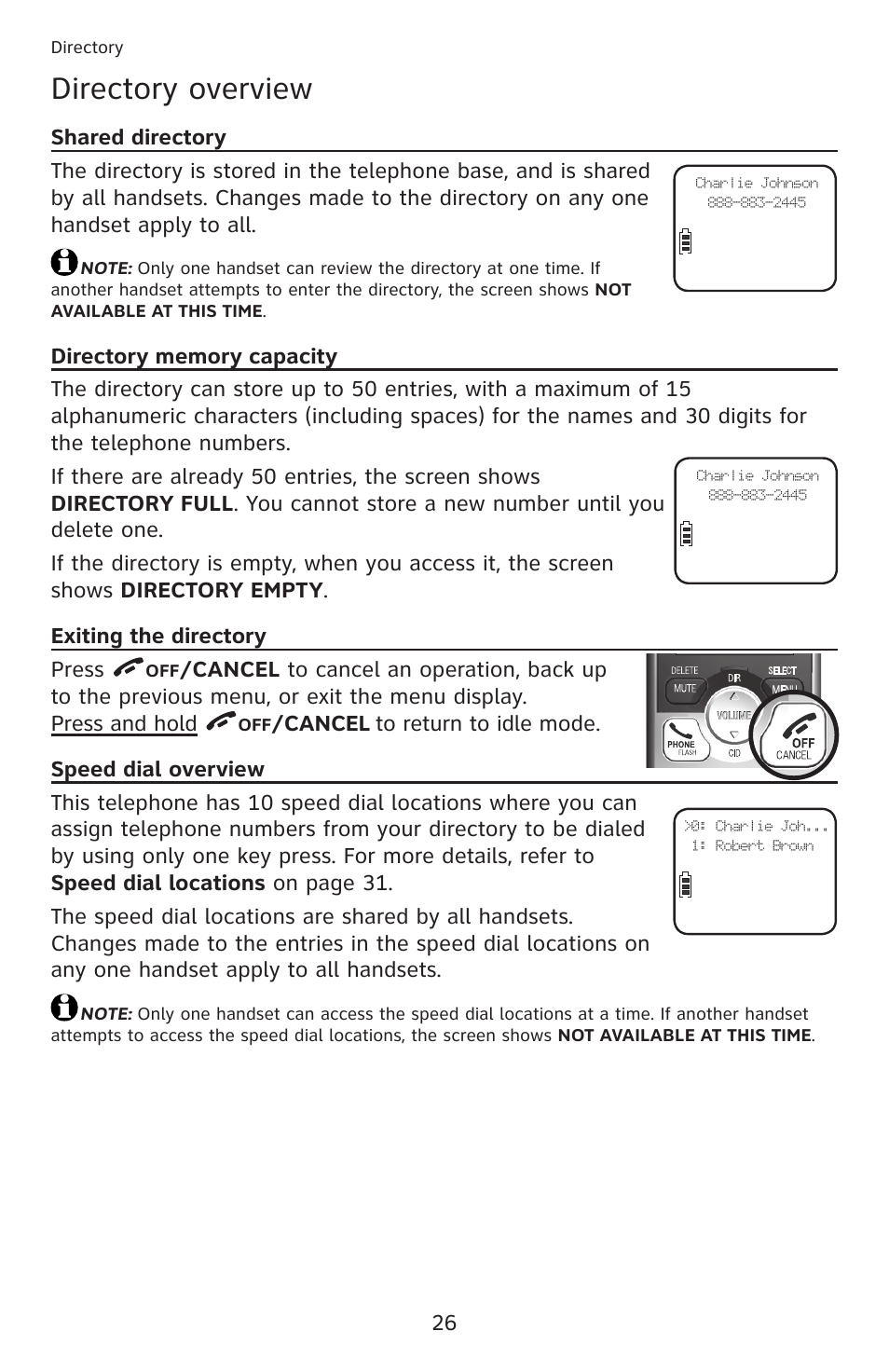 Directory, Directory overview, Shared directory | Directory memory capacity, Exiting the directory, Speed dial overview, Cancel | AT&T DECT 6.0 EL52201 User Manual | Page 31 / 83