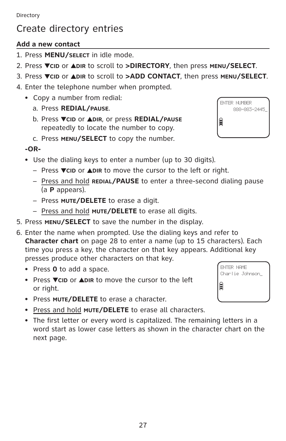 Create directory entries, Add a new contact | AT&T DECT 6.0 EL52201 User Manual | Page 32 / 83