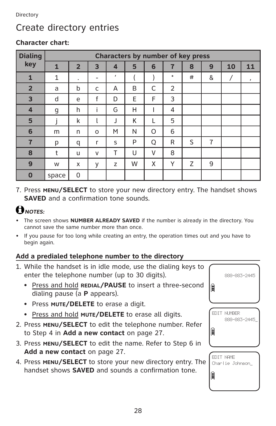 Add a predialed telephone number to the directory, Add a predialed telephone number to, The directory | Create directory entries | AT&T DECT 6.0 EL52201 User Manual | Page 33 / 83