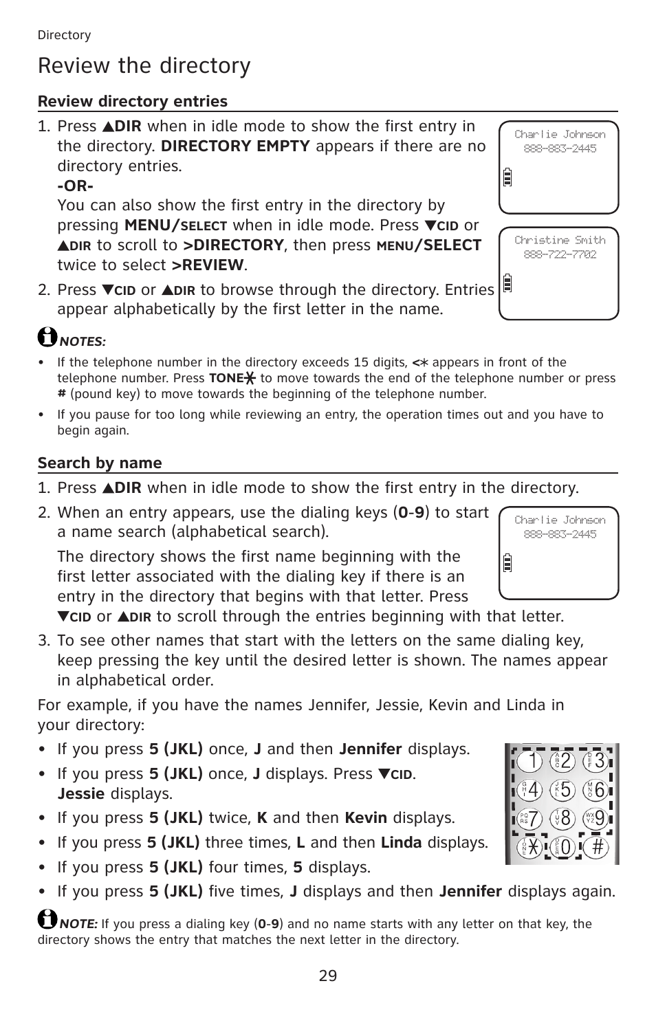 Review the directory, Review directory entries, Search by name | Review directory entries search by name | AT&T DECT 6.0 EL52201 User Manual | Page 34 / 83