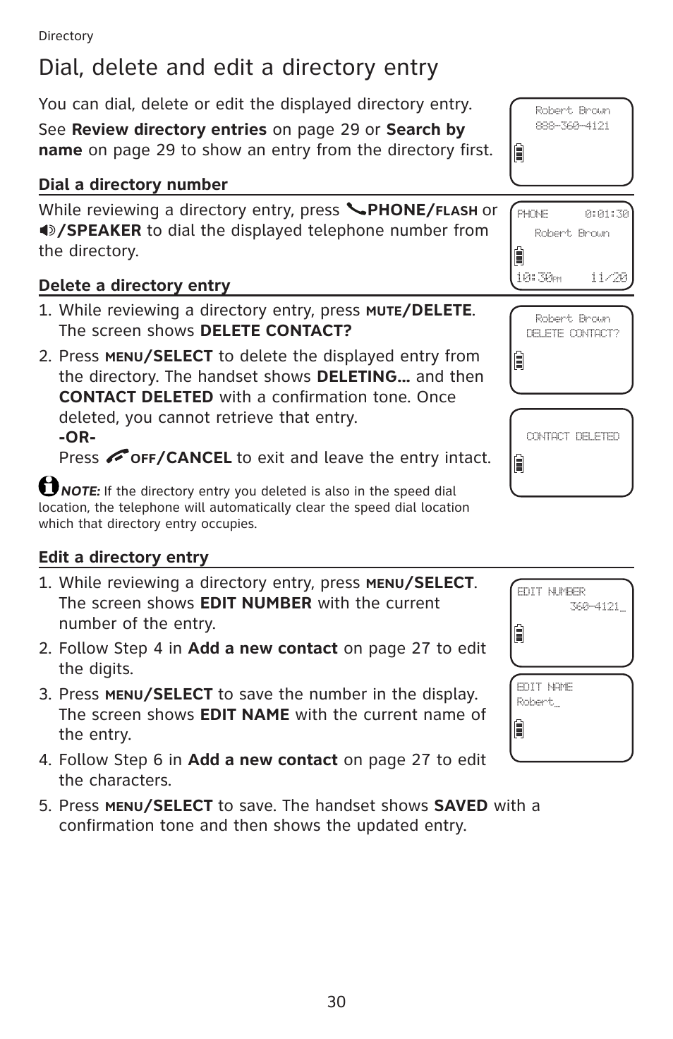 Dial, delete and edit a directory entry, Dial a directory number, Delete a directory entry | Edit a directory entry | AT&T DECT 6.0 EL52201 User Manual | Page 35 / 83