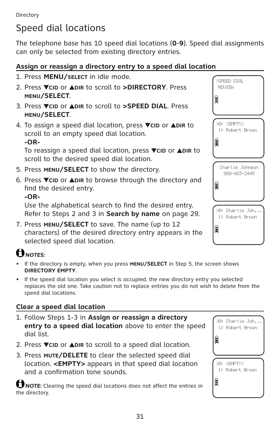 Speed dial locations, Clear a speed dial location, Assign or reassign a directory entry to | A speed dial location clear a speed dial location | AT&T DECT 6.0 EL52201 User Manual | Page 36 / 83