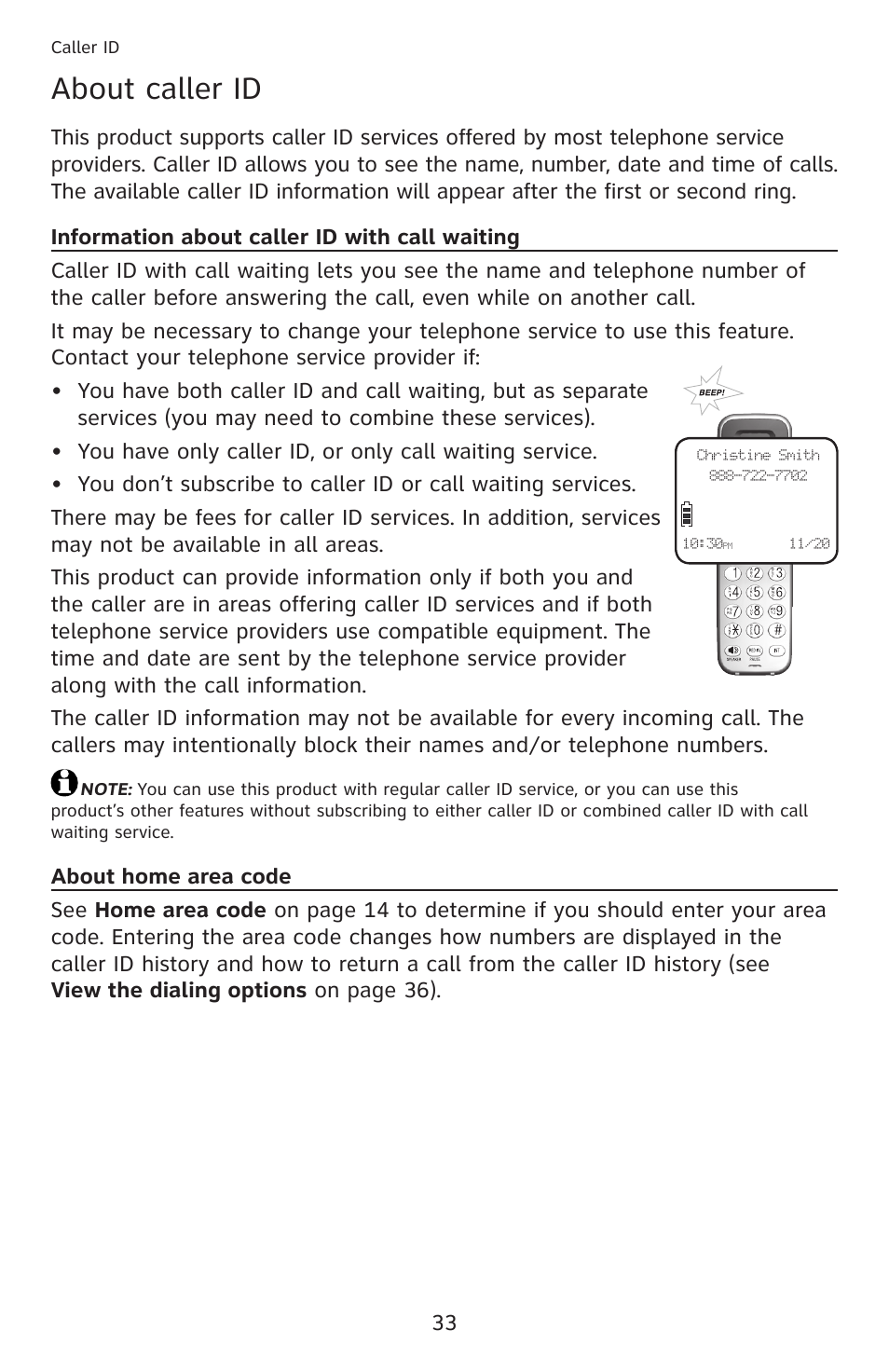 Caller id, About caller id, Information about caller id with call waiting | About home area code | AT&T DECT 6.0 EL52201 User Manual | Page 38 / 83