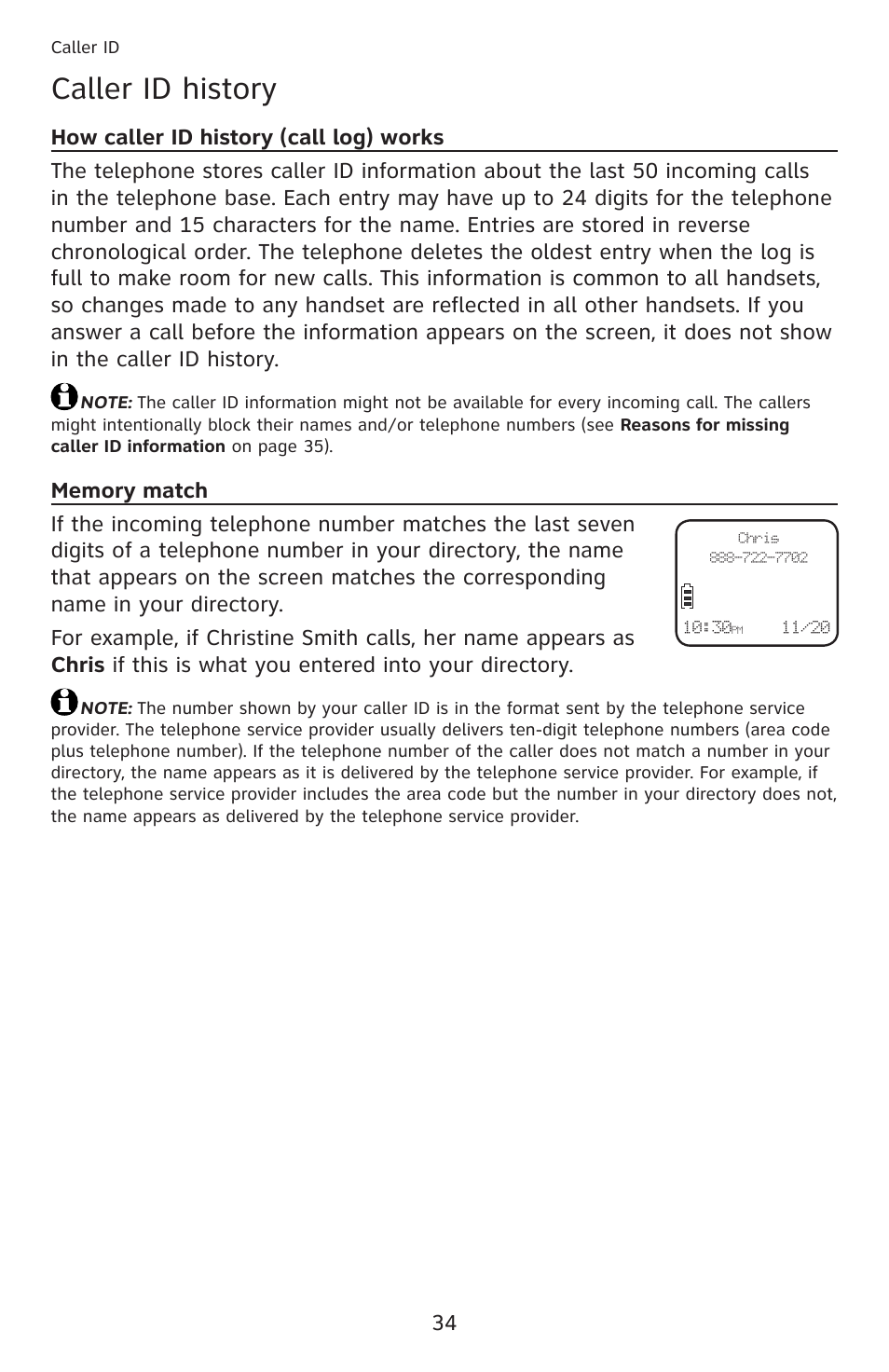 Caller id history, How caller id history (call log) works, Memory match | AT&T DECT 6.0 EL52201 User Manual | Page 39 / 83