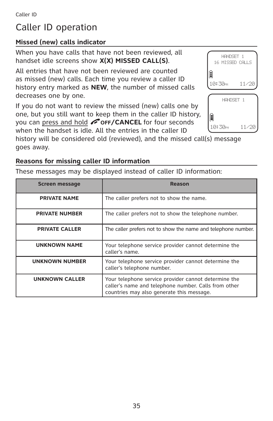 Caller id operation, Missed (new) calls indicator, Reasons for missing caller id information | Information, Cancel | AT&T DECT 6.0 EL52201 User Manual | Page 40 / 83