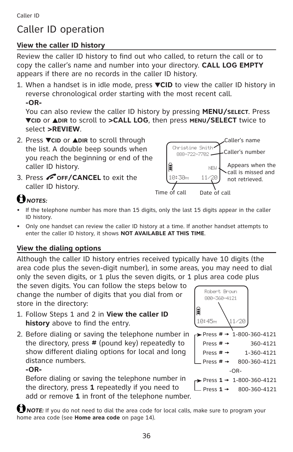 View the caller id history, View the dialing options, Caller id operation | Press, Select twice to select >review . press, Cancel | AT&T DECT 6.0 EL52201 User Manual | Page 41 / 83