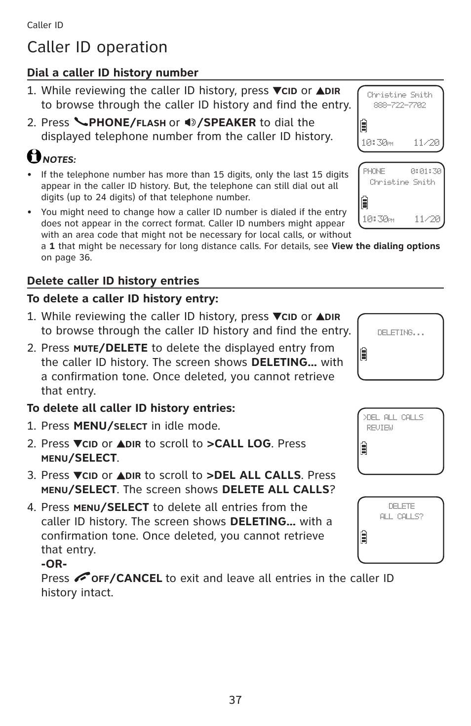 Dial a caller id history number, Delete caller id history entries, Caller id operation | AT&T DECT 6.0 EL52201 User Manual | Page 42 / 83