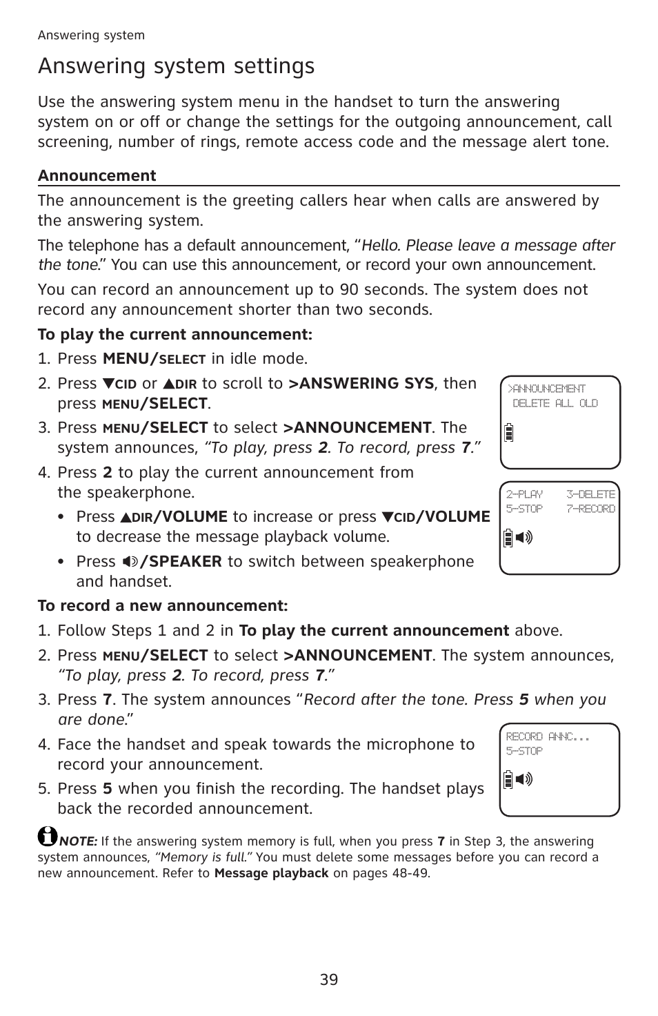 Answering system, Answering system settings, Announcement | AT&T DECT 6.0 EL52201 User Manual | Page 44 / 83