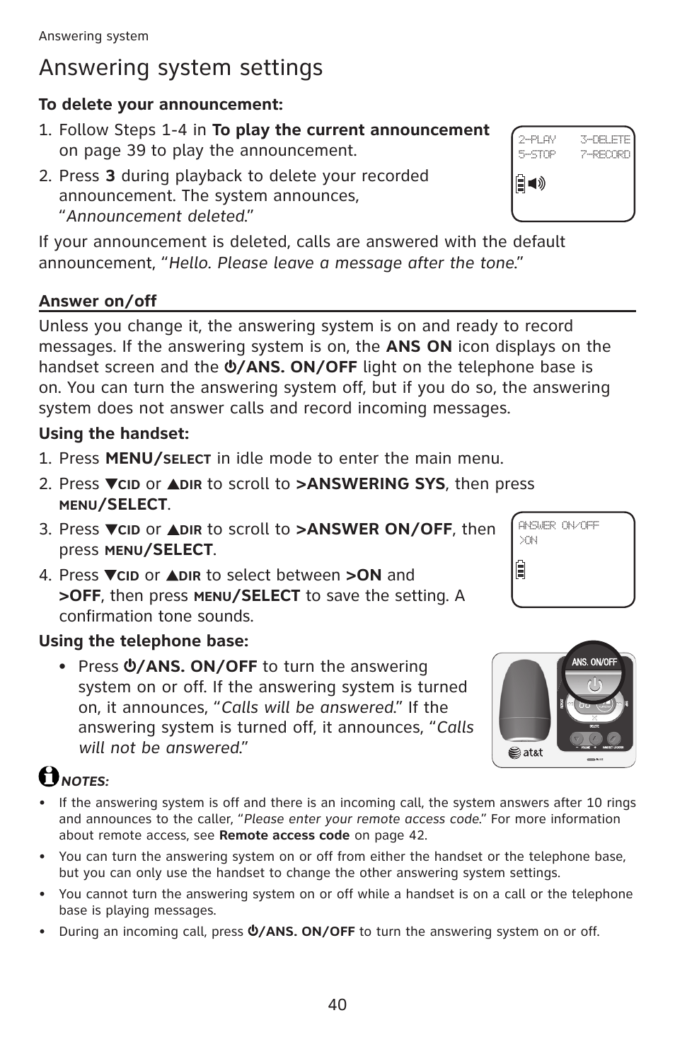 Answer on/off, Answering system settings | AT&T DECT 6.0 EL52201 User Manual | Page 45 / 83