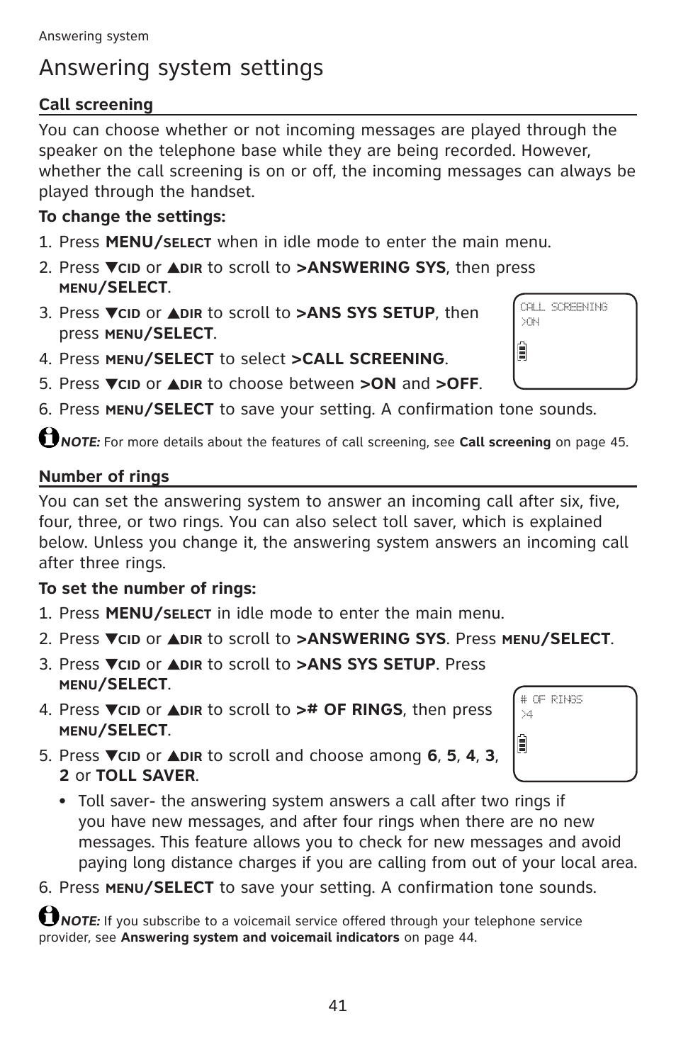 Call screening, Number of rings, Call screening number of rings | Answering system settings | AT&T DECT 6.0 EL52201 User Manual | Page 46 / 83