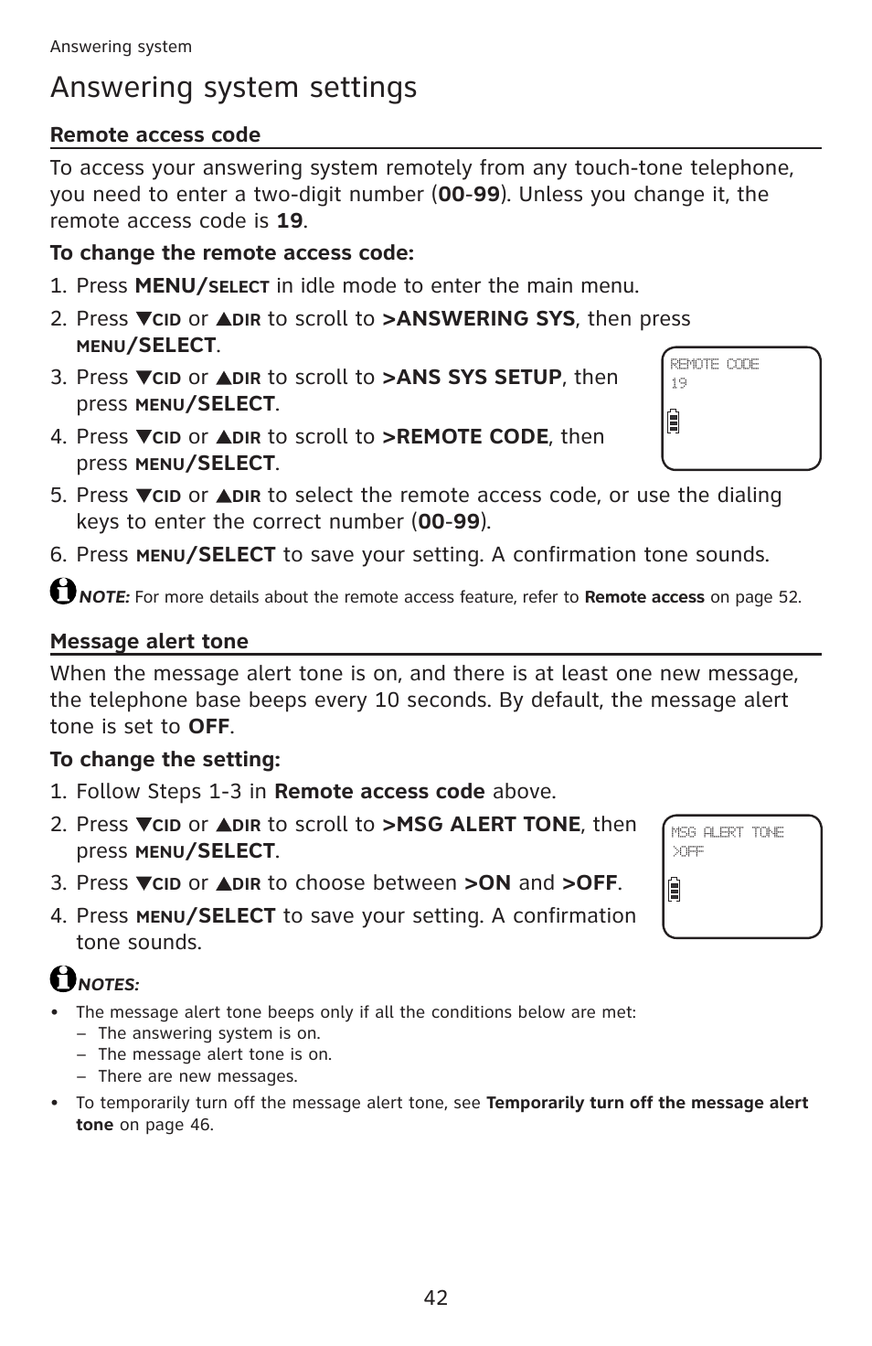 Remote access code, Message alert tone, Remote access code message alert tone | Answering system settings | AT&T DECT 6.0 EL52201 User Manual | Page 47 / 83