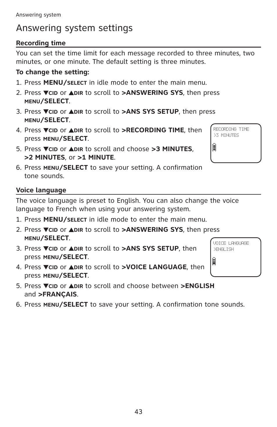 Recording time, Voice language, Recording time voice language | Answering system settings | AT&T DECT 6.0 EL52201 User Manual | Page 48 / 83