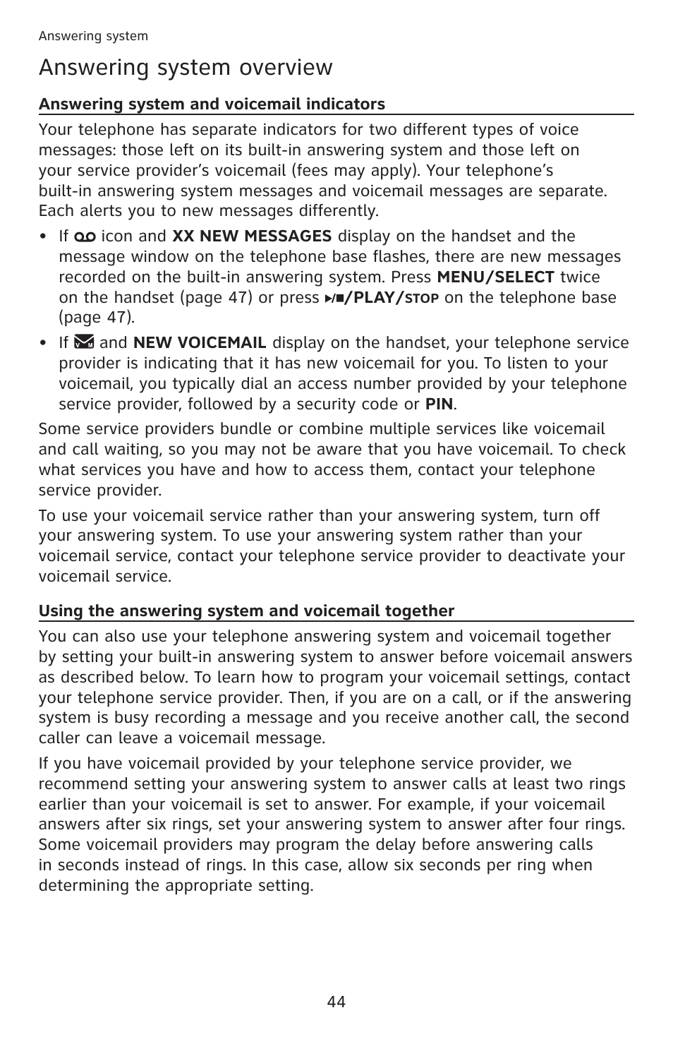 Answering system overview, Answering system and voicemail indicators, Using the answering system and voicemail together | Answering system and voicemail | AT&T DECT 6.0 EL52201 User Manual | Page 49 / 83