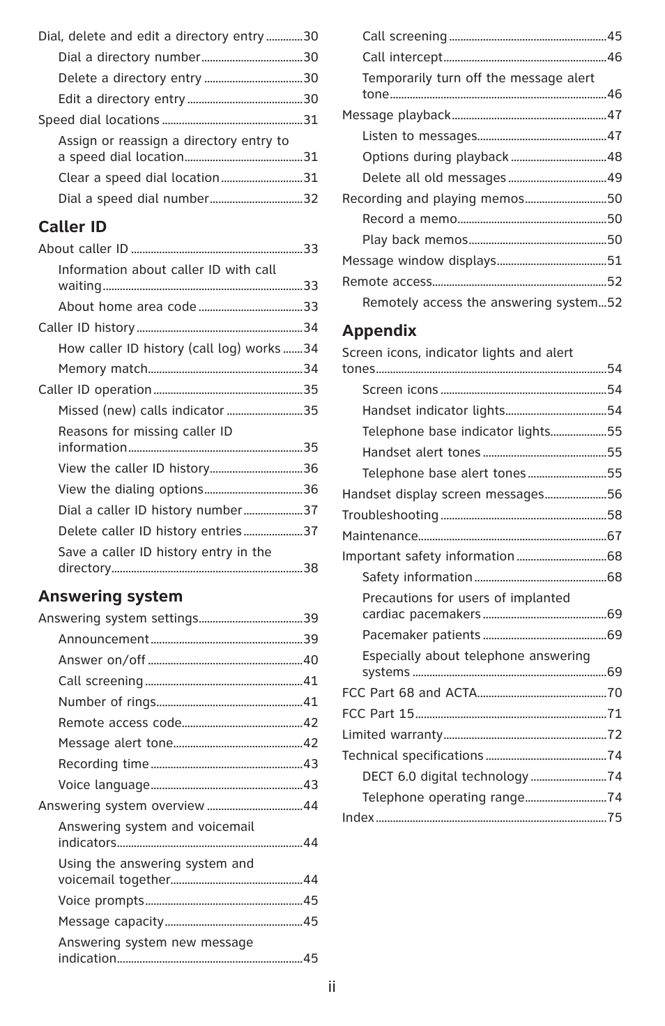 Caller id, Answering system, Appendix | AT&T DECT 6.0 EL52201 User Manual | Page 5 / 83
