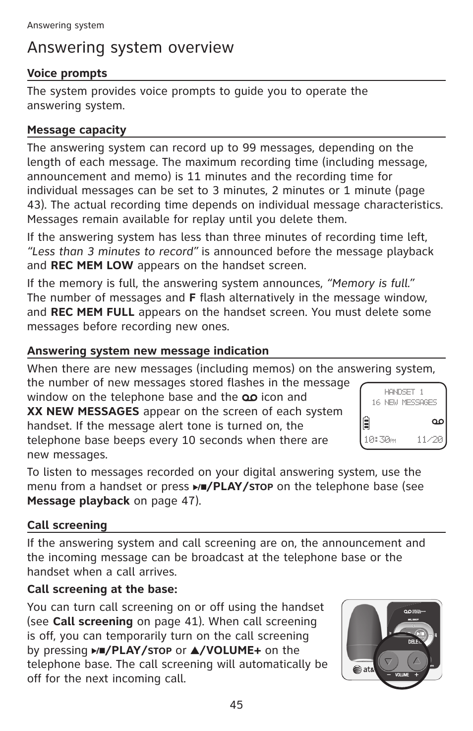 Voice prompts, Message capacity, Answering system new message indication | Call screening, Answering system overview | AT&T DECT 6.0 EL52201 User Manual | Page 50 / 83