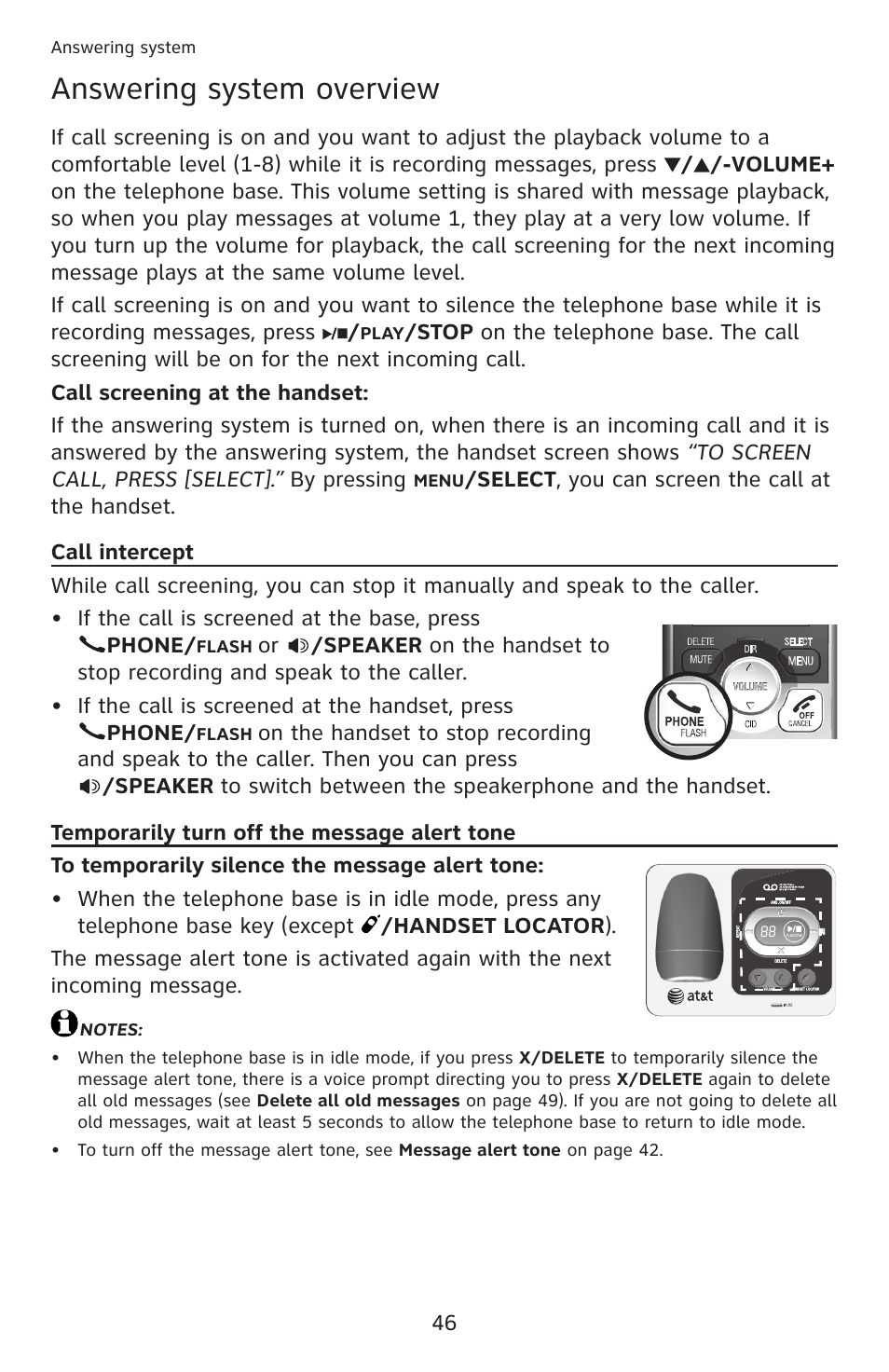 Call intercept, Temporarily turn off the message alert tone, Answering system overview | AT&T DECT 6.0 EL52201 User Manual | Page 51 / 83