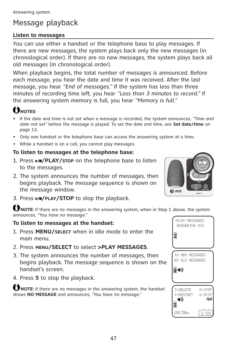 Message playback, Listen to messages, Stop to stop the playback | When in idle mode to enter the main menu. press | AT&T DECT 6.0 EL52201 User Manual | Page 52 / 83