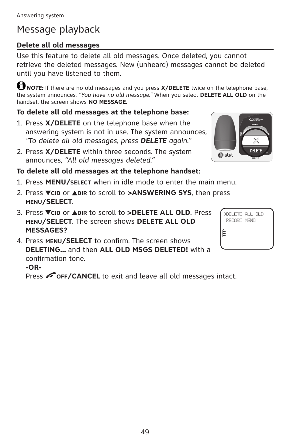 Delete all old messages, Message playback | AT&T DECT 6.0 EL52201 User Manual | Page 54 / 83