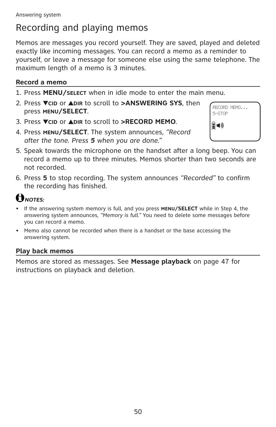 Recording and playing memos, Record a memo, Play back memos | Record a memo play back memos | AT&T DECT 6.0 EL52201 User Manual | Page 55 / 83