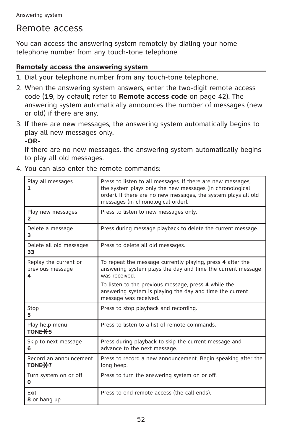 Remote access, Remotely access the answering system | AT&T DECT 6.0 EL52201 User Manual | Page 57 / 83