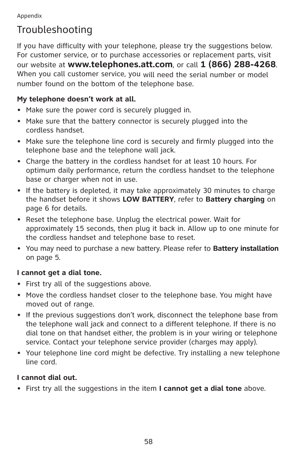 Troubleshooting | AT&T DECT 6.0 EL52201 User Manual | Page 63 / 83