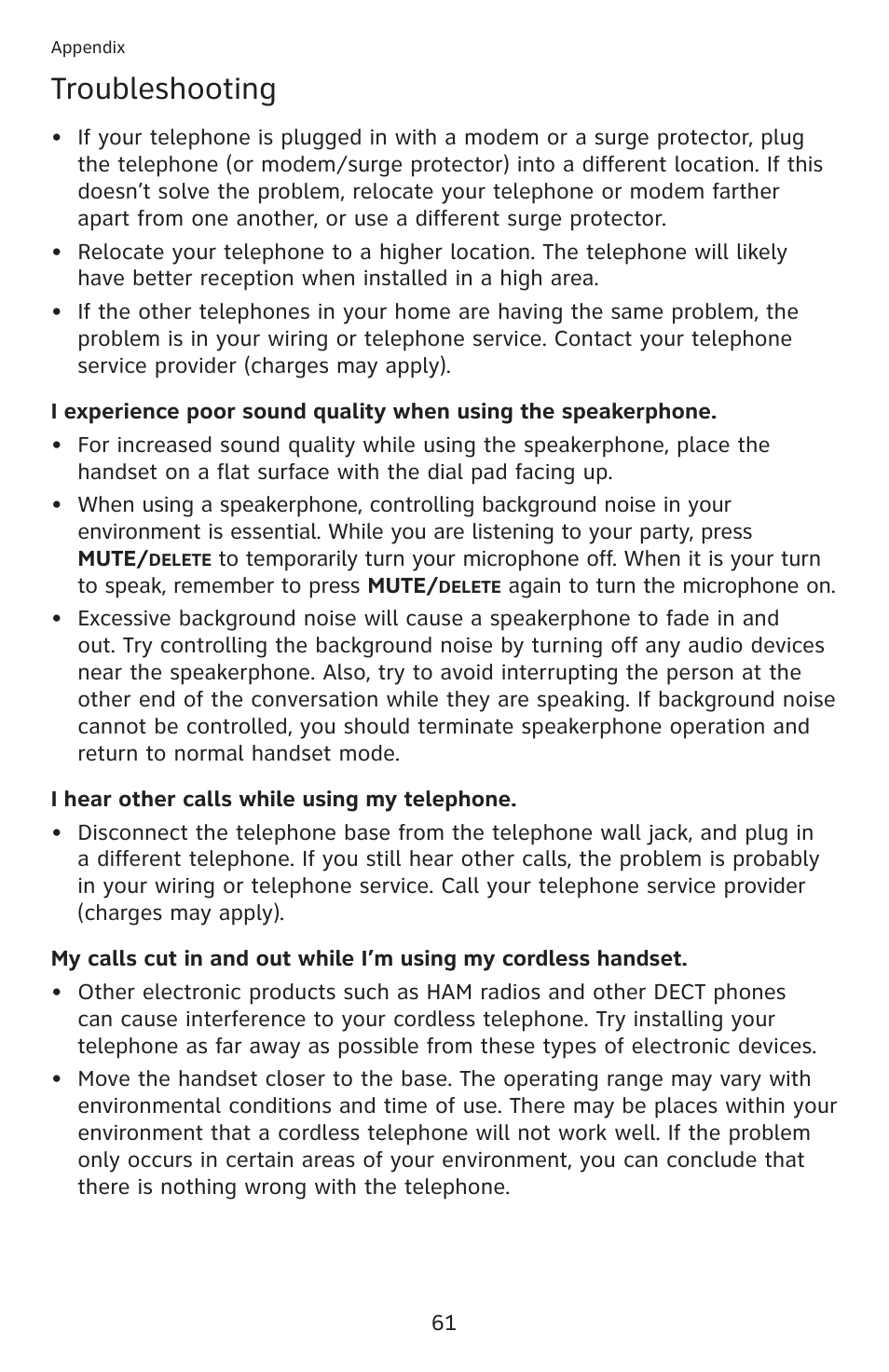 Troubleshooting | AT&T DECT 6.0 EL52201 User Manual | Page 66 / 83