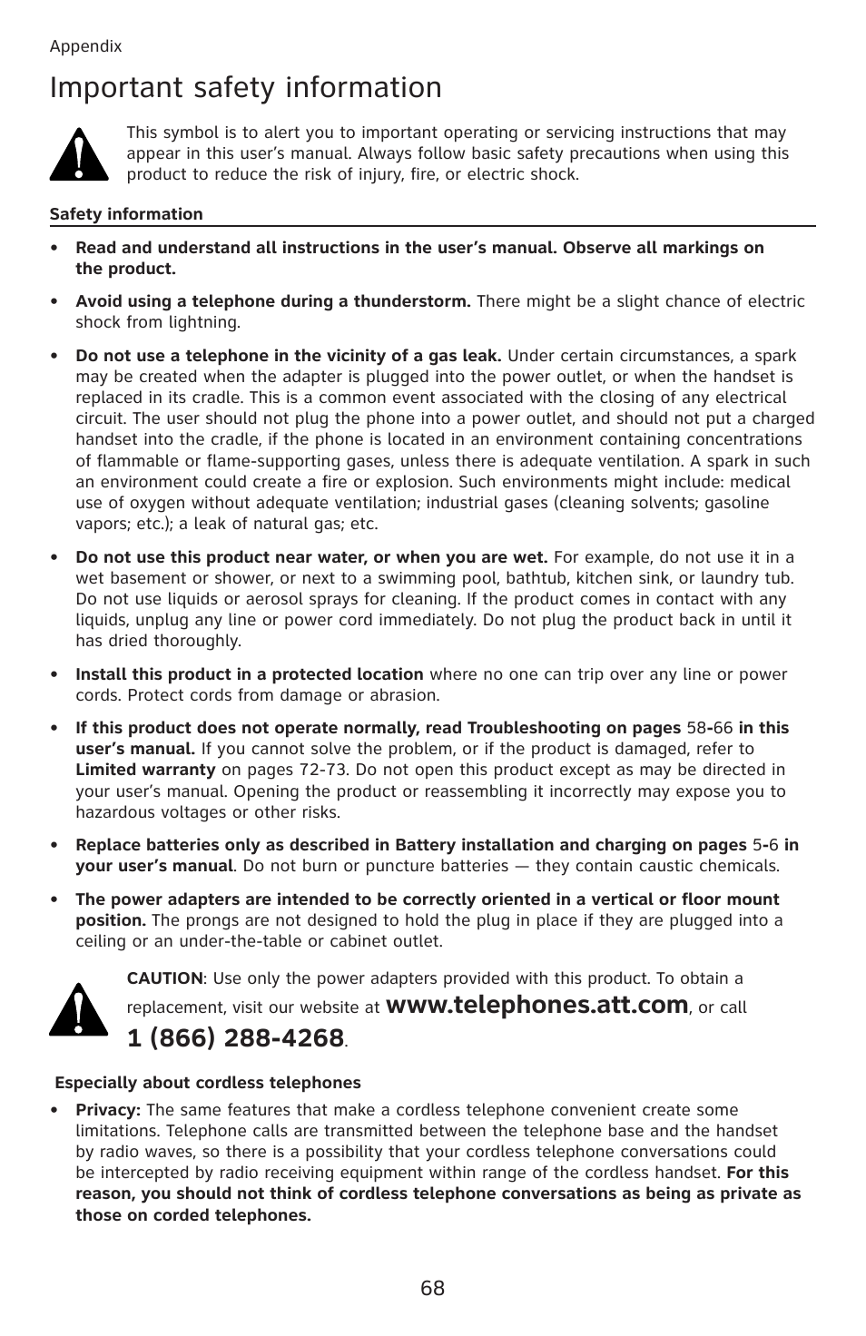 Important safety information, Safety information | AT&T DECT 6.0 EL52201 User Manual | Page 73 / 83