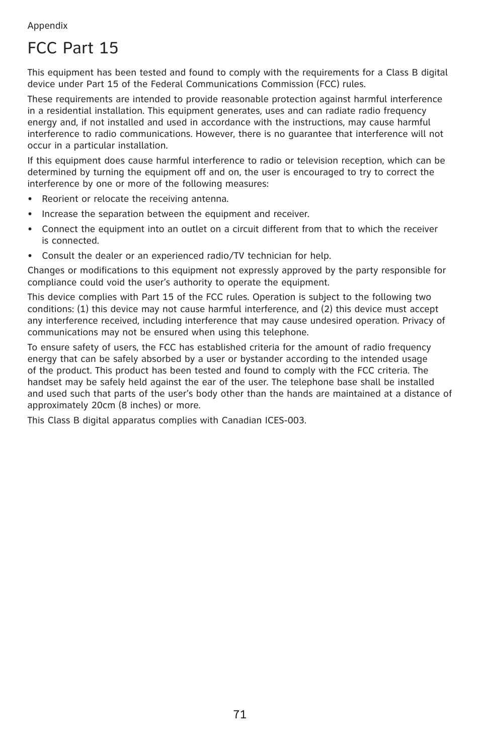 Fcc part 15 | AT&T DECT 6.0 EL52201 User Manual | Page 76 / 83