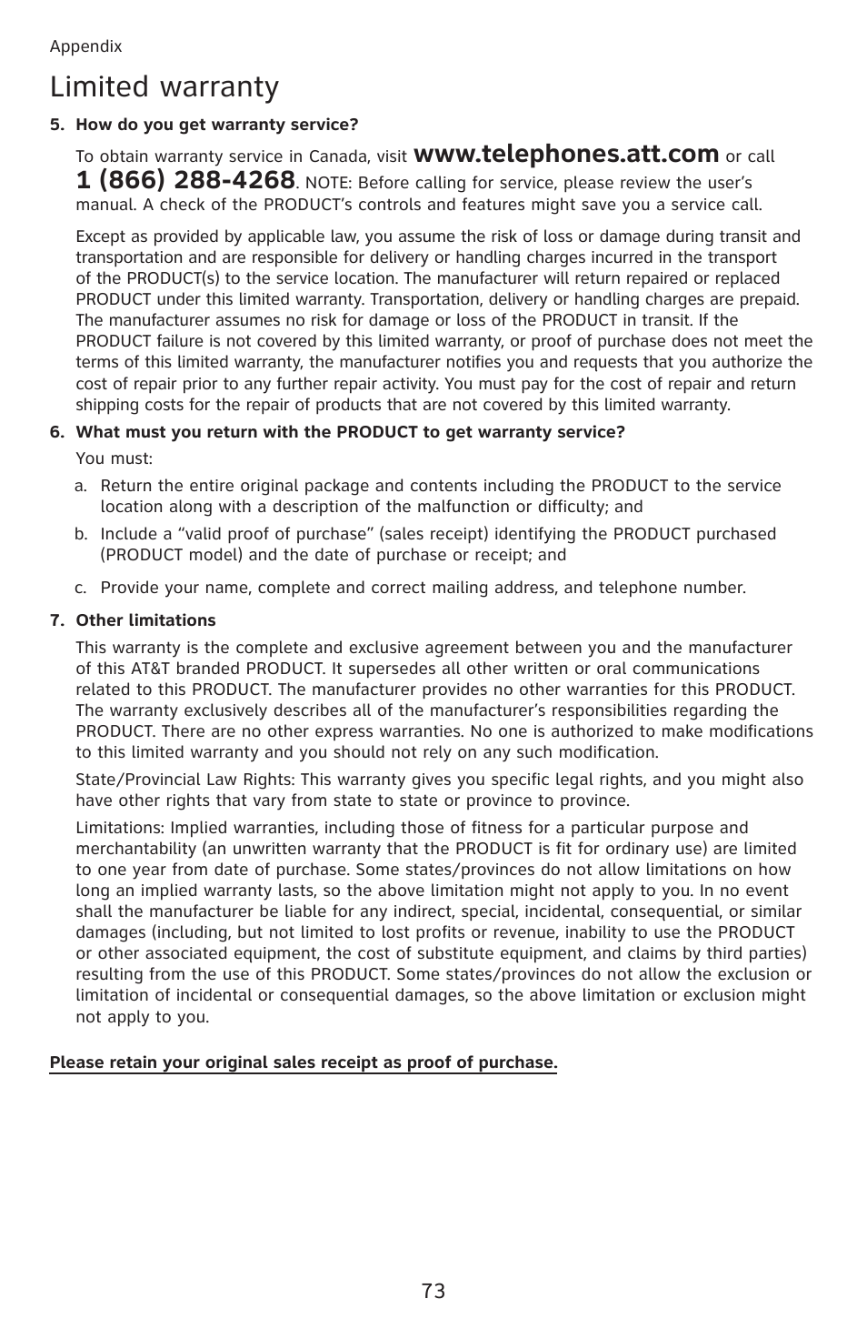 Limited warranty | AT&T DECT 6.0 EL52201 User Manual | Page 78 / 83