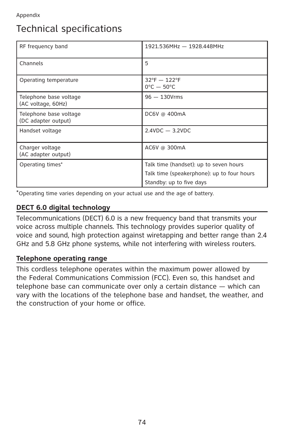 Technical specifications, Dect 6.0 digital technology, Telephone operating range | AT&T DECT 6.0 EL52201 User Manual | Page 79 / 83