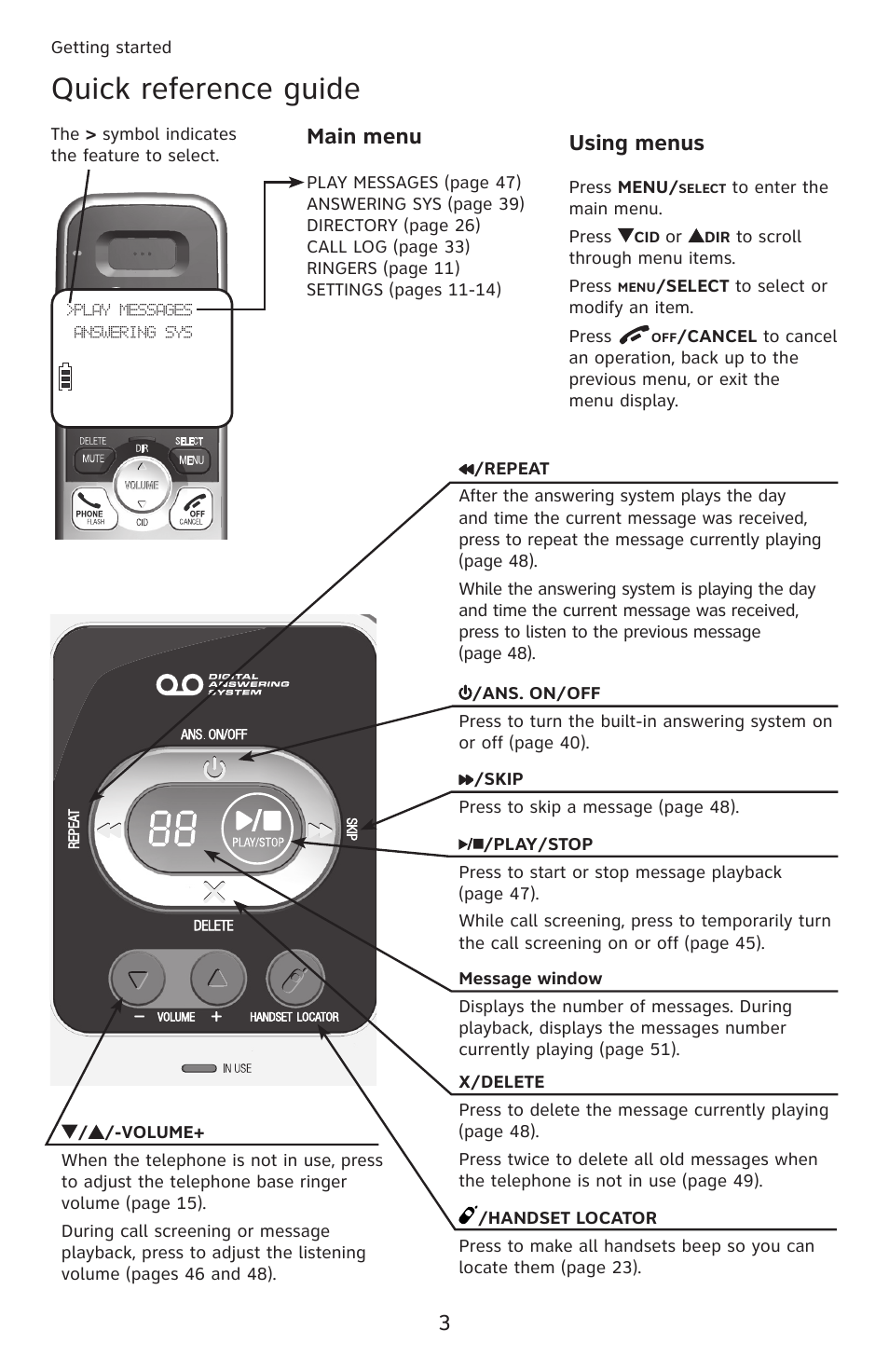 Quick reference guide, Using menus, Main menu | AT&T DECT 6.0 EL52201 User Manual | Page 8 / 83