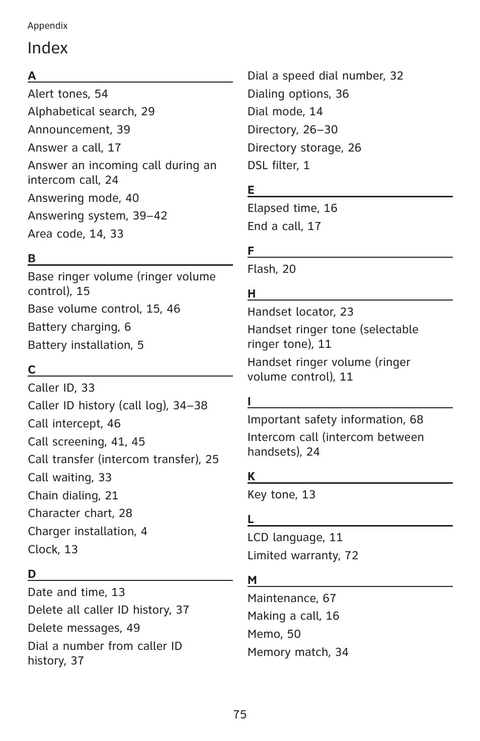 Index | AT&T DECT 6.0 EL52201 User Manual | Page 80 / 83