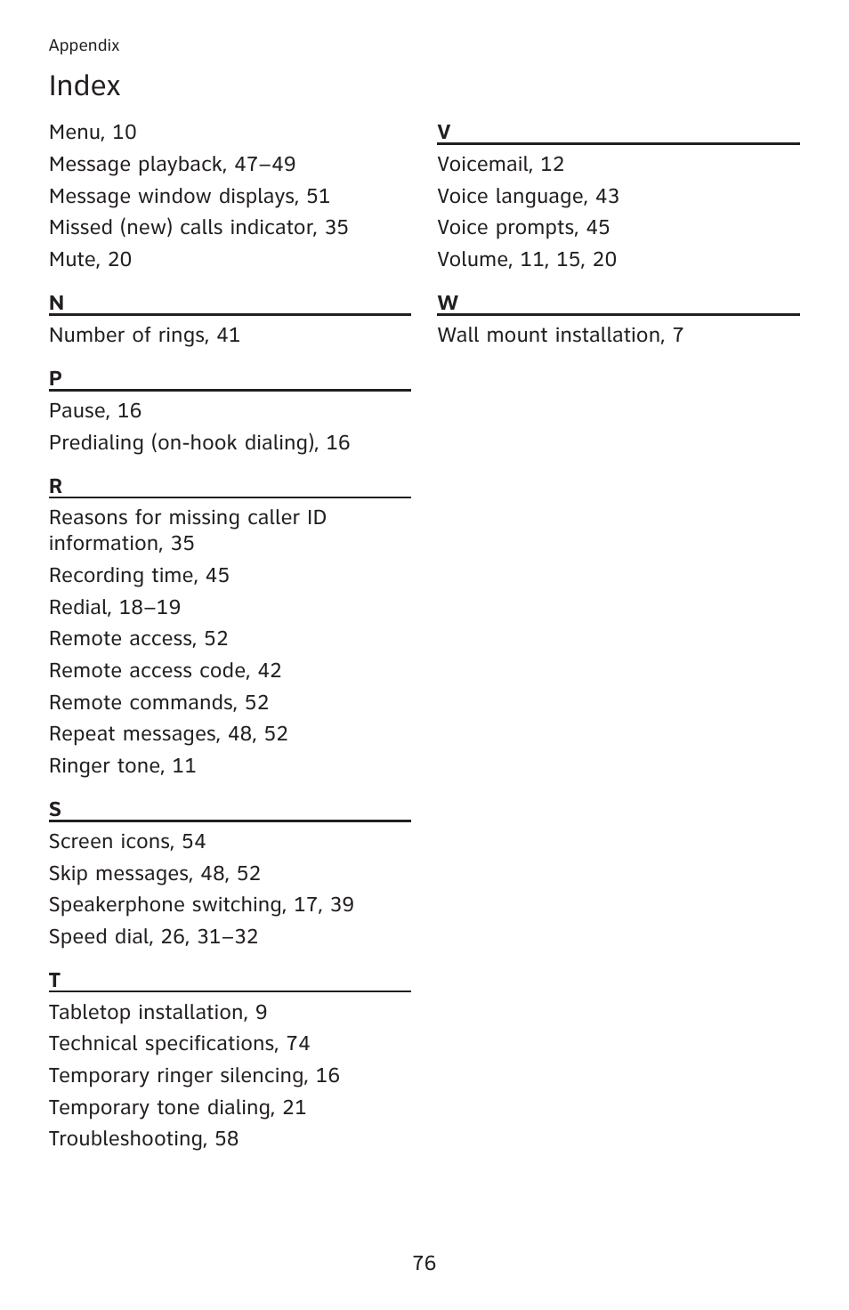 Index | AT&T DECT 6.0 EL52201 User Manual | Page 81 / 83