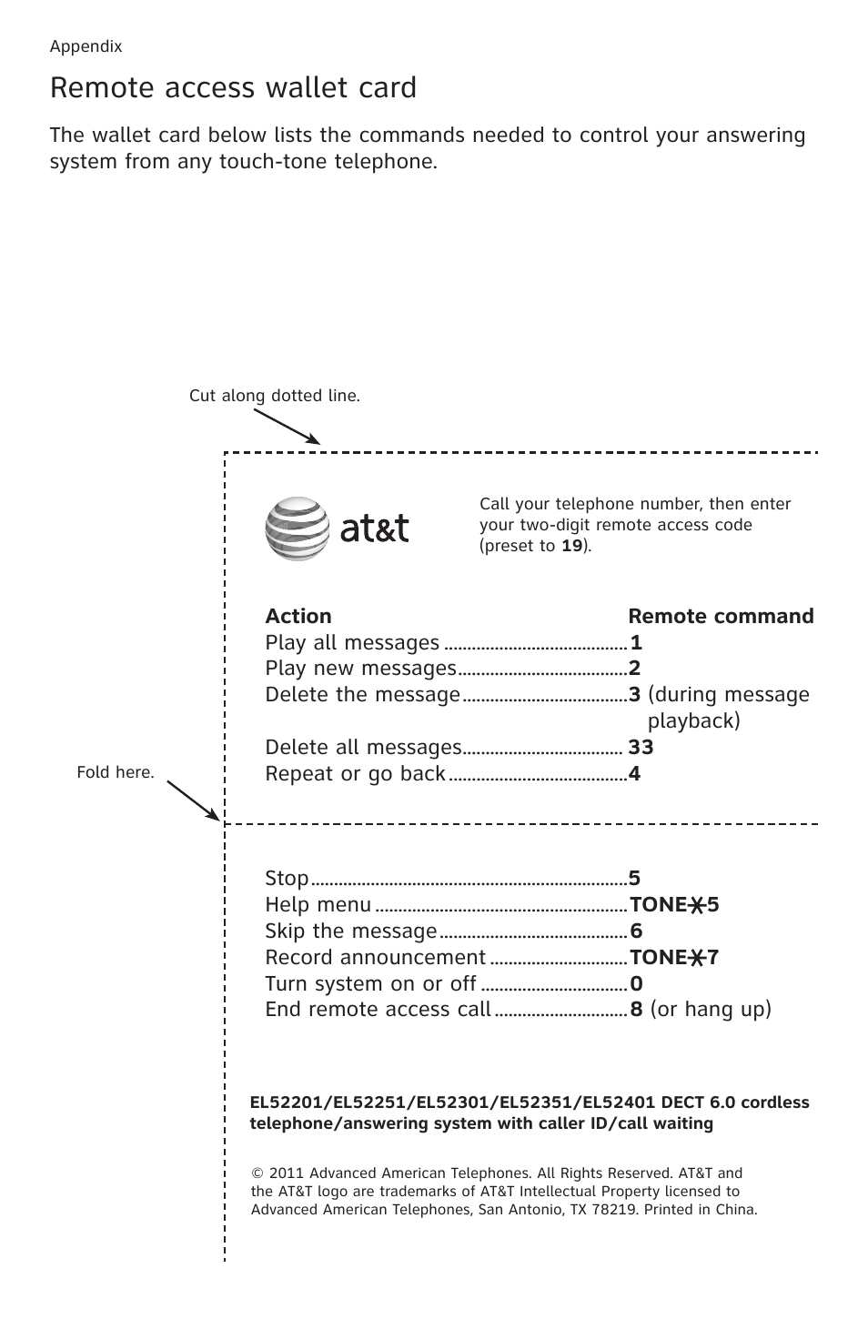 Remote access wallet card | AT&T DECT 6.0 EL52201 User Manual | Page 82 / 83