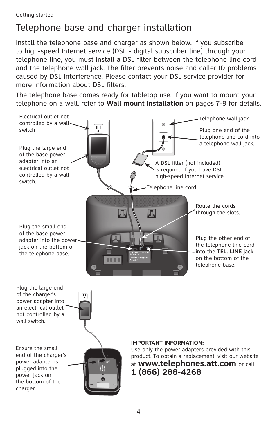 Telephone base and charger installation | AT&T DECT 6.0 EL52201 User Manual | Page 9 / 83