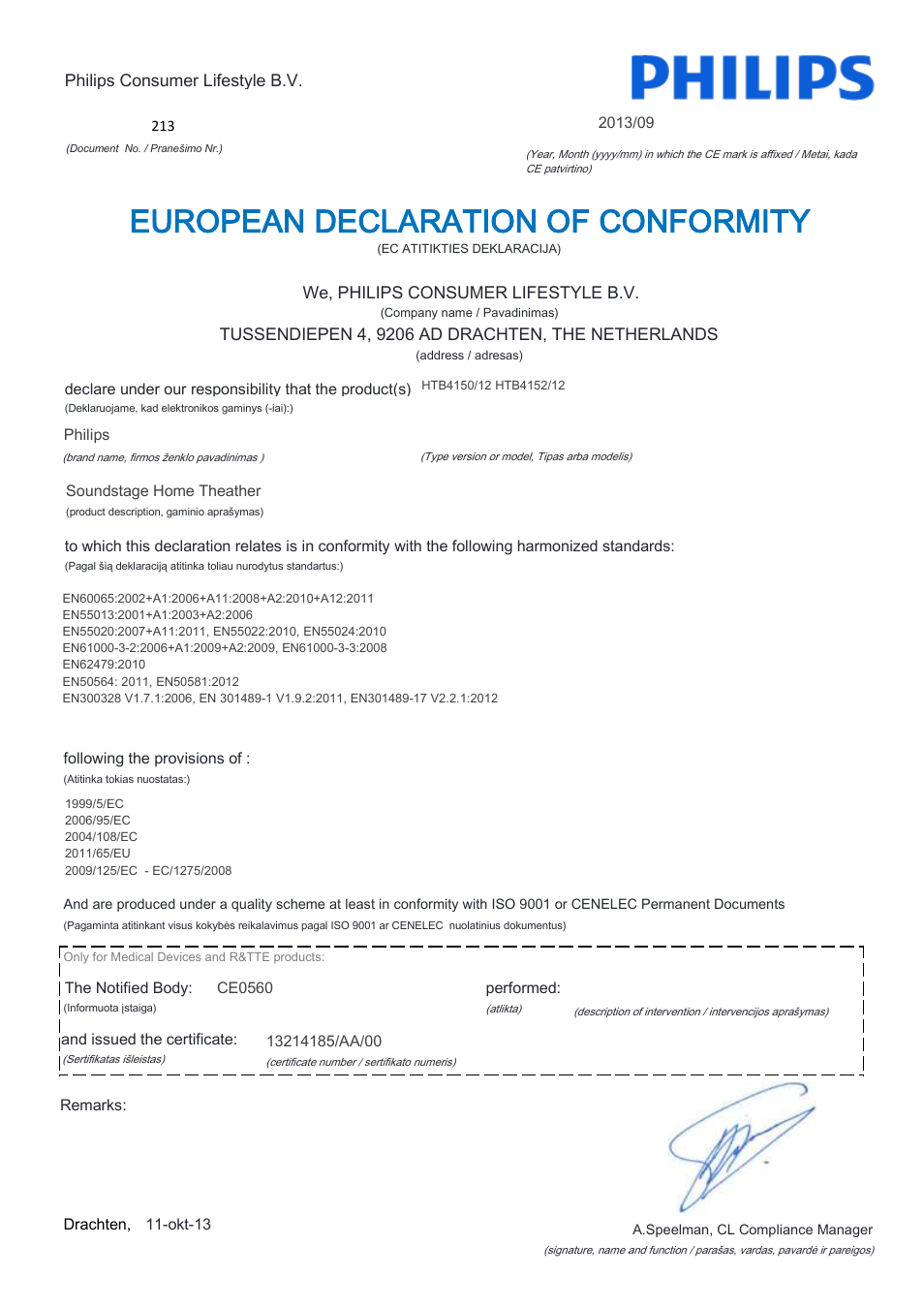 European declaration of conformity | Philips Home Cinéma TV Sound Blu-ray User Manual | Page 11 / 22