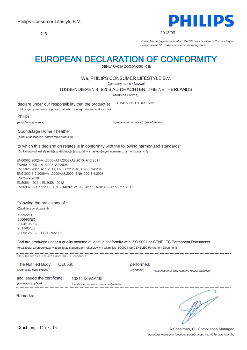 European declaration of conformity | Philips Home Cinéma TV Sound Blu-ray User Manual | Page 13 / 22