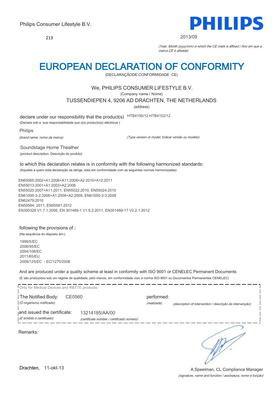 European declaration of conformity | Philips Home Cinéma TV Sound Blu-ray User Manual | Page 14 / 22