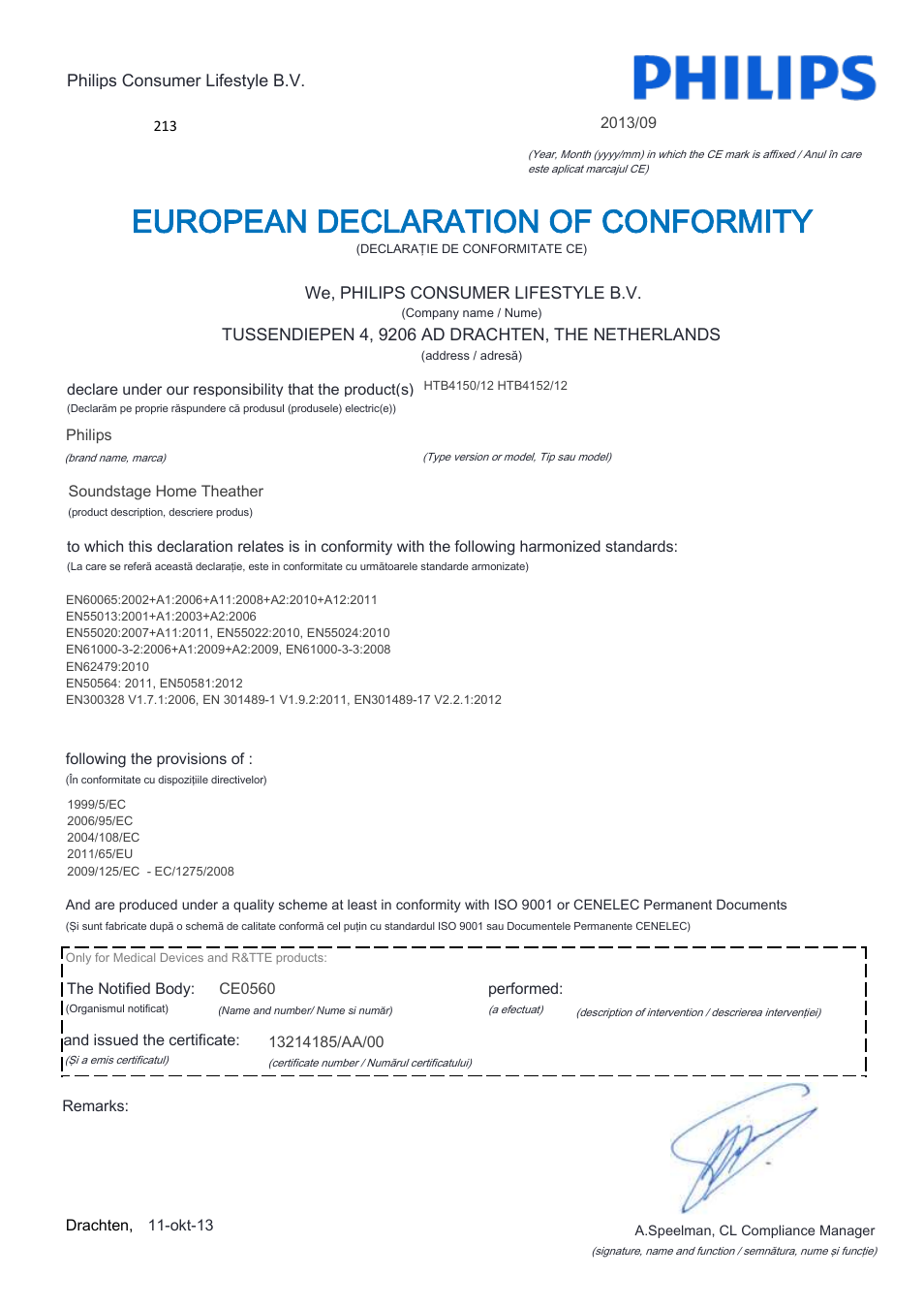 European declaration of conformity | Philips Home Cinéma TV Sound Blu-ray User Manual | Page 15 / 22