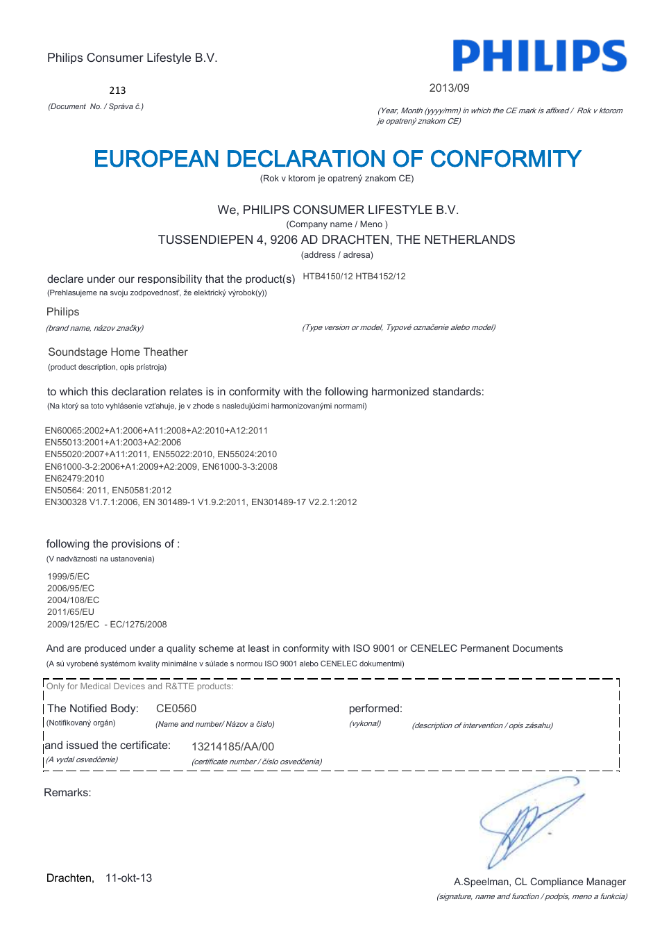 European declaration of conformity | Philips Home Cinéma TV Sound Blu-ray User Manual | Page 17 / 22