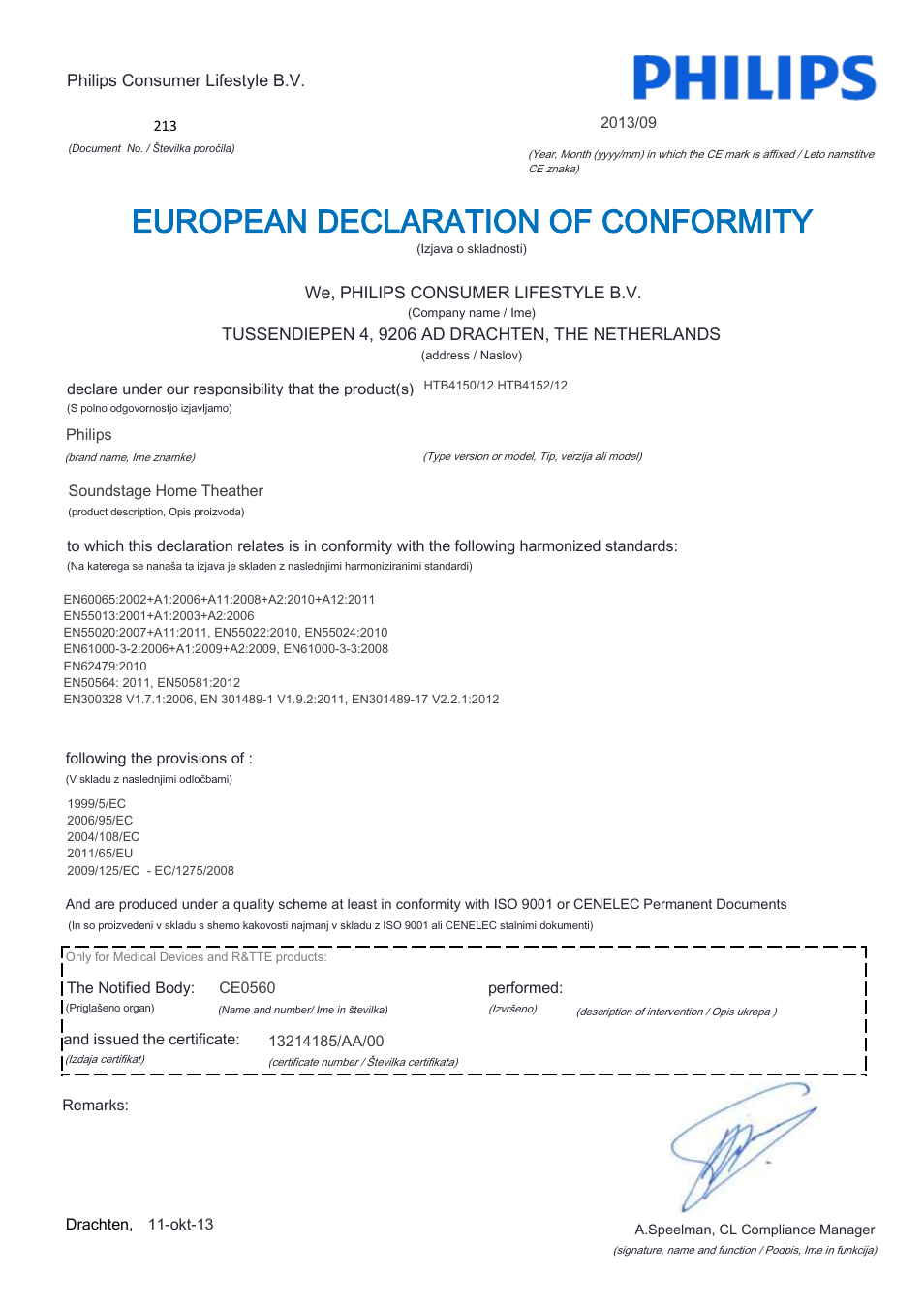 European declaration of conformity | Philips Home Cinéma TV Sound Blu-ray User Manual | Page 18 / 22