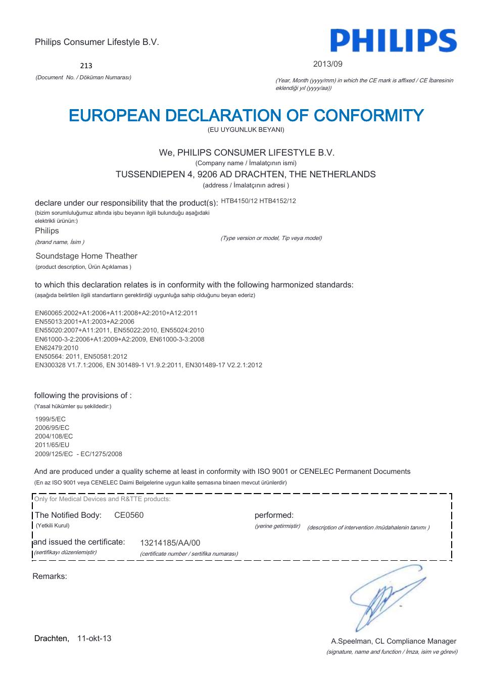 European declaration of conformity | Philips Home Cinéma TV Sound Blu-ray User Manual | Page 19 / 22