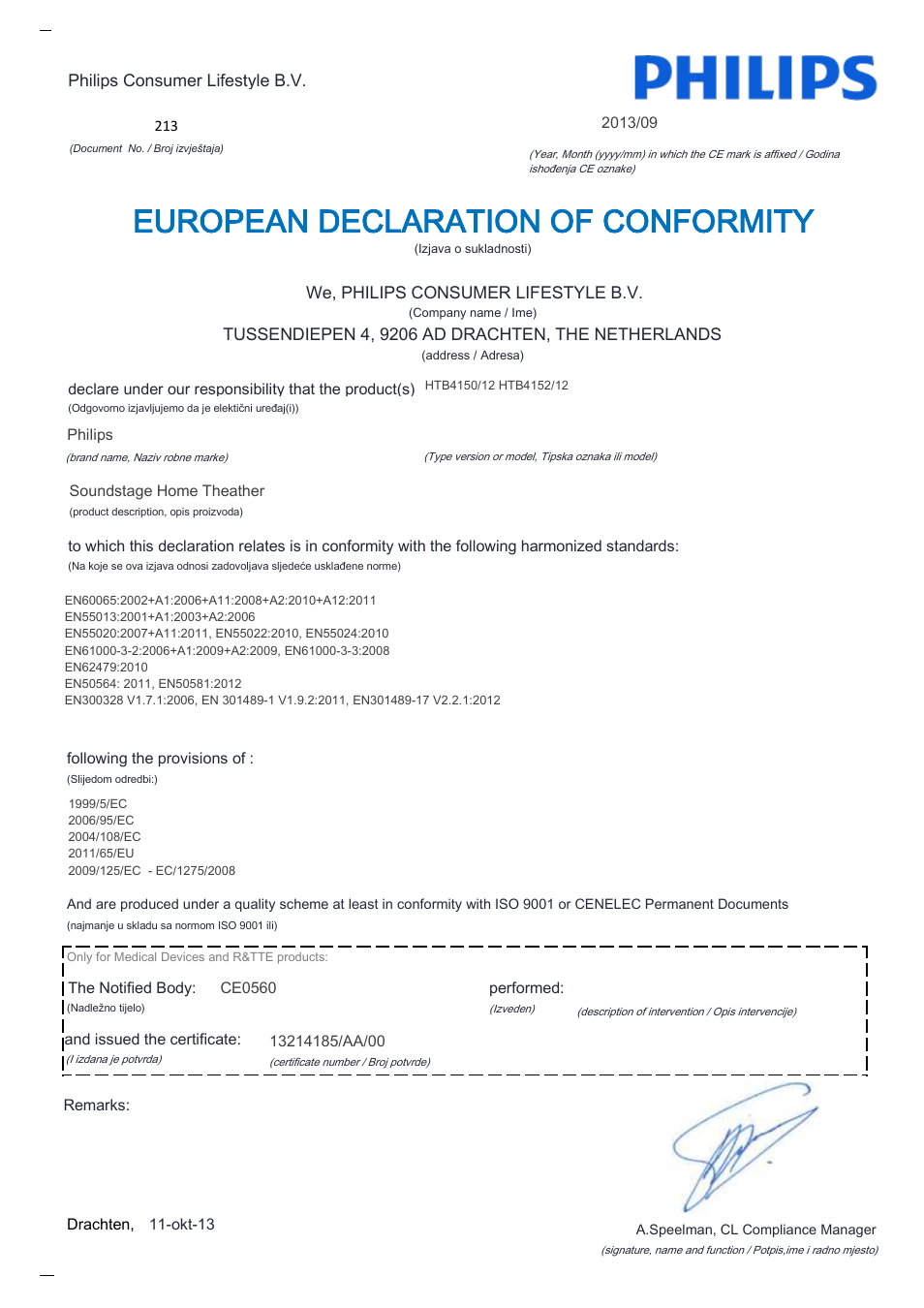European declaration of conformity | Philips Home Cinéma TV Sound Blu-ray User Manual | Page 20 / 22